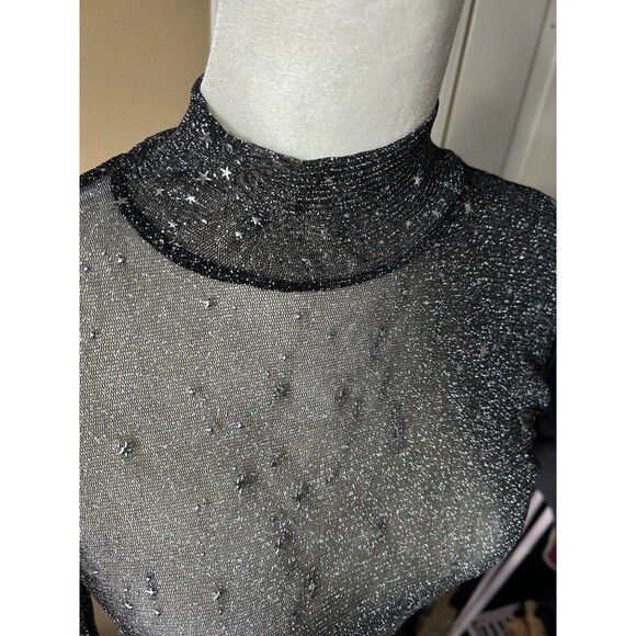 MangoPop Long Sleeve Top Size L Black Sheer Celestial Stars Mock Neck Glitter - Picture 5 of 10